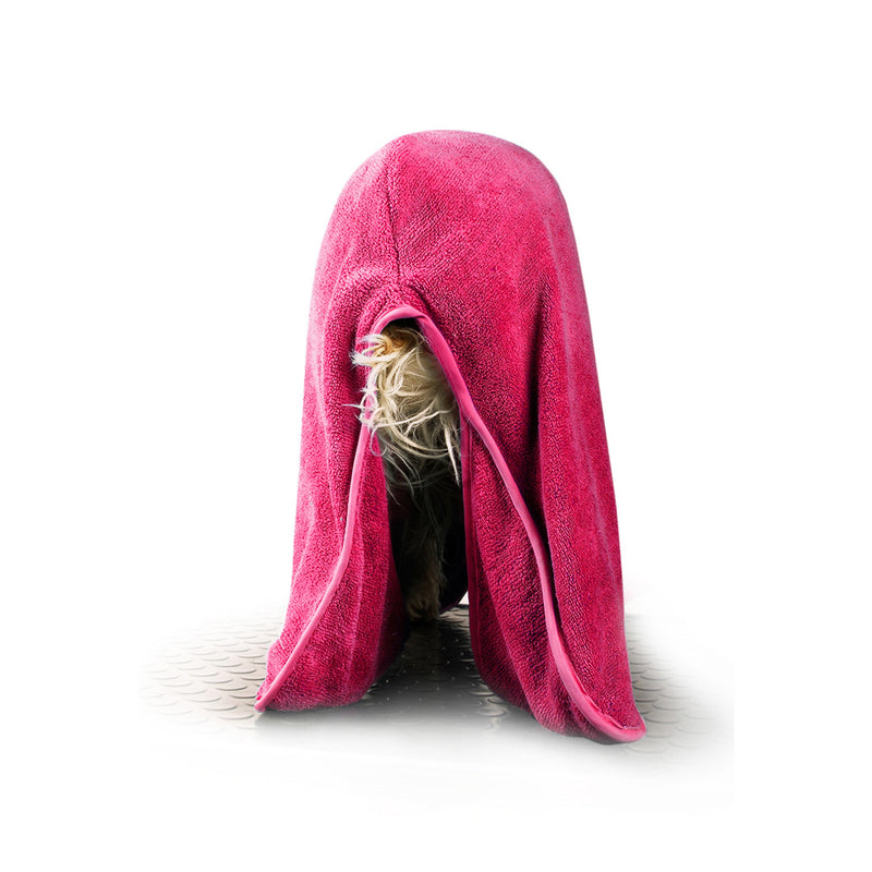 Haleparti af hund iført pink Dry Dude fra GroomUs. 